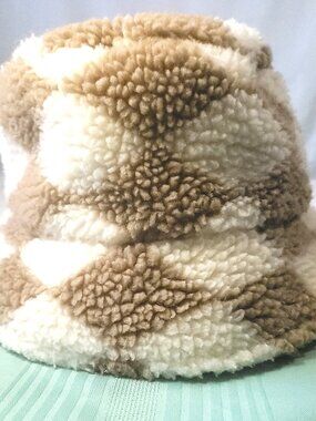 Coco Carmen Beige Checkered Sherpa Bucket Hat Tan White Plush Fleece Checkerboar